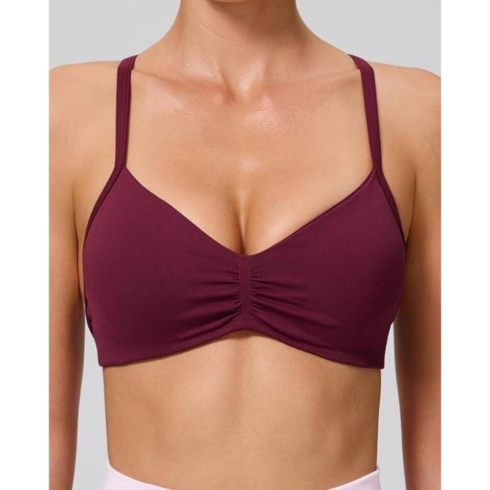 Women's Ruched Sports Bra Strappy Cross Back Padded V-Neck Yoga Workout Bra - Picture 4 of 5